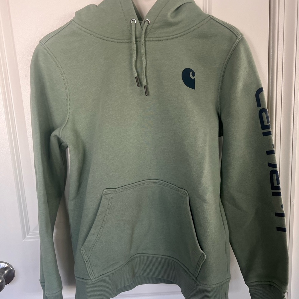 Carhartt Men's Sage Green Hoodie with Navy Logo.  Size M. EUC